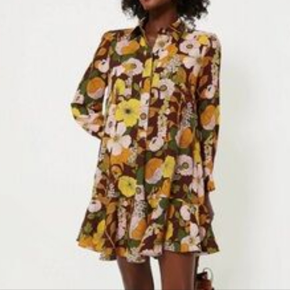 New! Mod Floral Bold Print Brown‎ Shirt Dress Retro